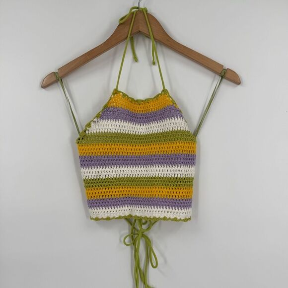 Zara Crochet Knit Halter Tie Back Crop Top in Multi Stripe | Small - Picture 4 of 8